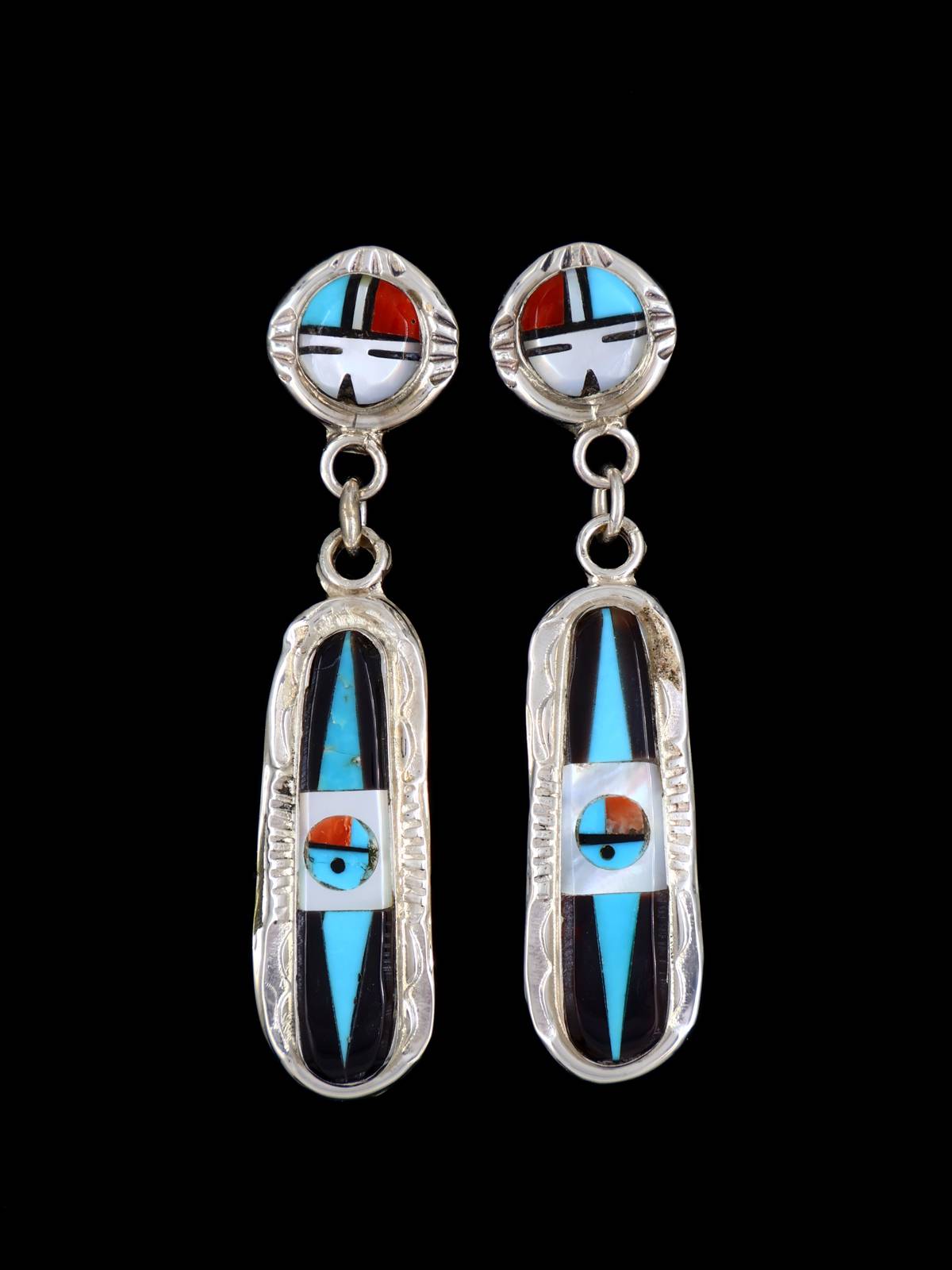 Sterling Silver Zuni Inlay Sunface Post Earrings - PuebloDirect.com