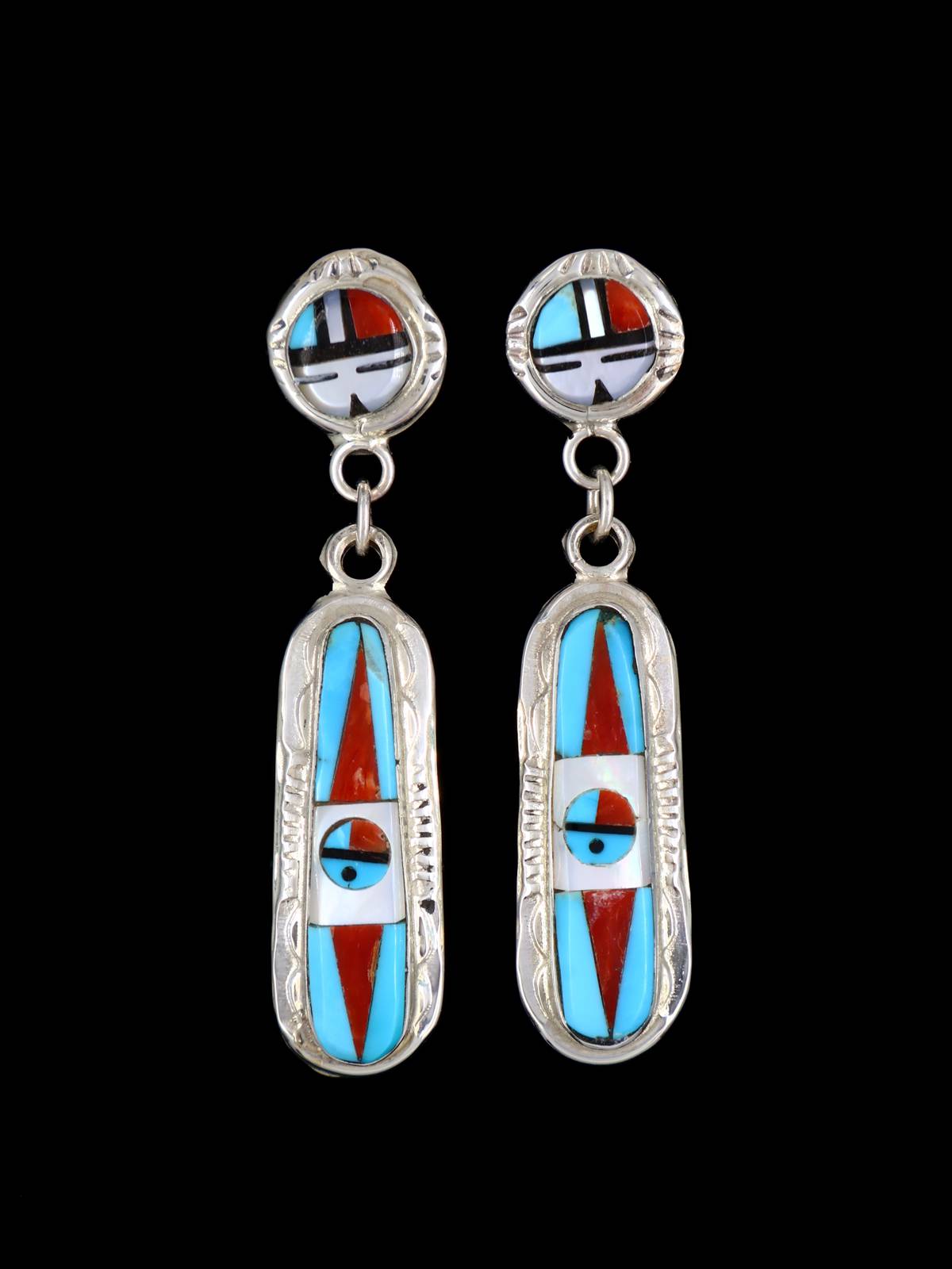 Sterling Silver Zuni Inlay Sunface Post Earrings - PuebloDirect.com