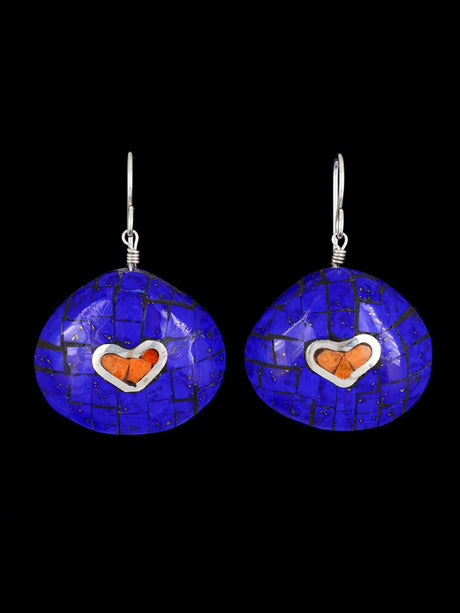 Santo Domingo Lapis Heart Mosaic Inlay Dangle Earrings - PuebloDirect.com