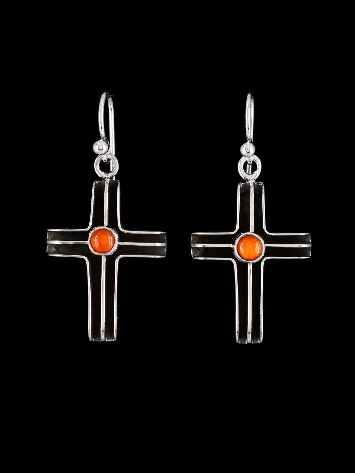 Native American Spiny Oyster Dangle Cross Earrings - PuebloDirect.com