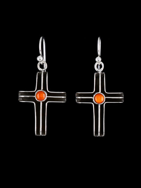 Native American Spiny Oyster Dangle Cross Earrings - PuebloDirect.com