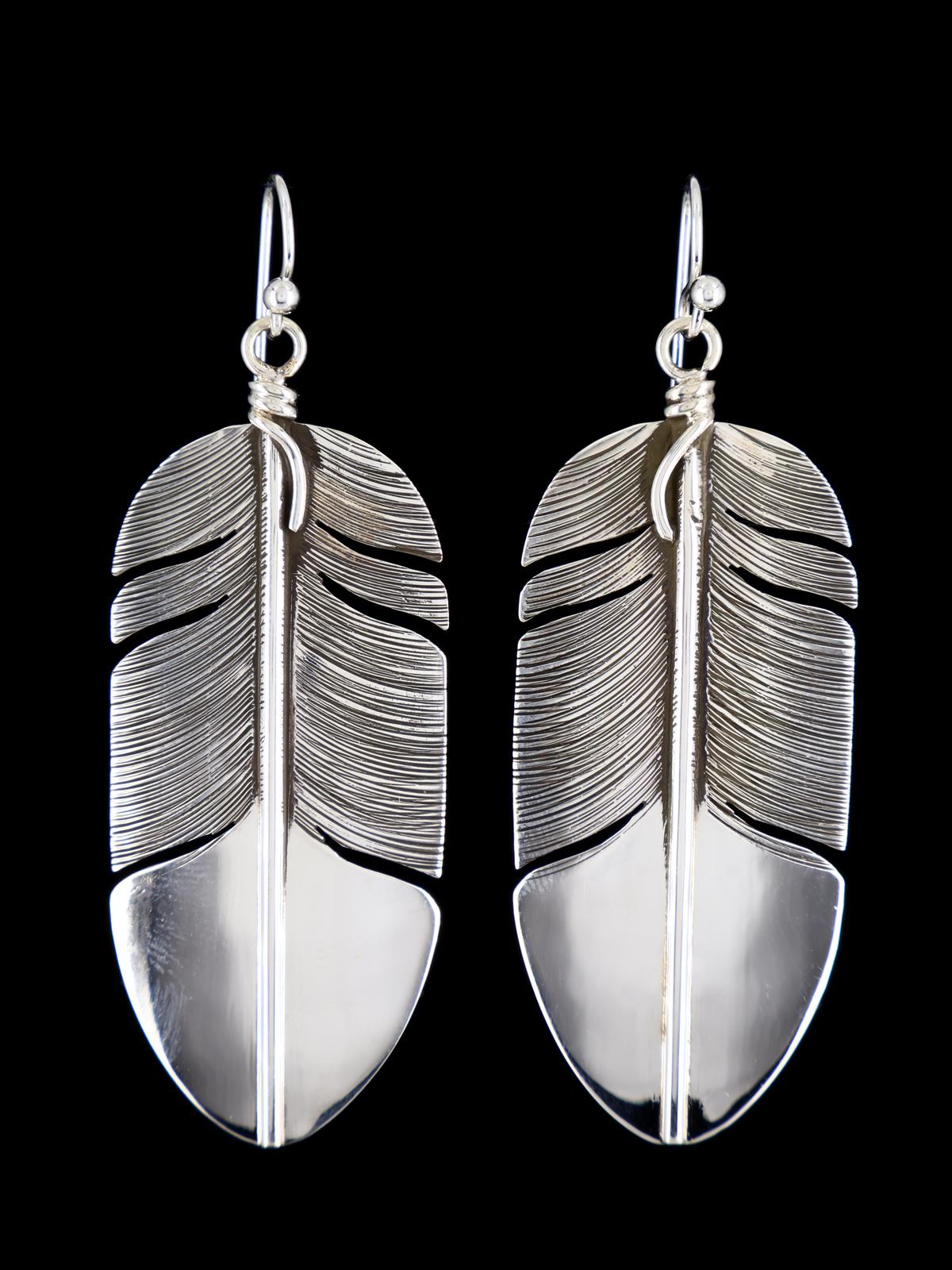 Native American Sterling Silver Dangle Feather Earrings - PuebloDirect.com