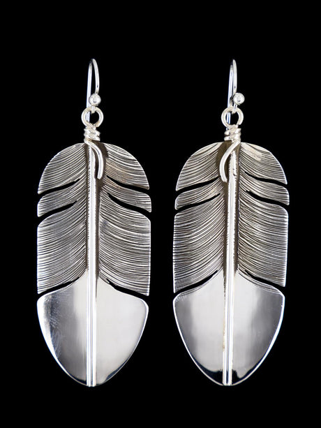 Native American Sterling Silver Dangle Feather Earrings - PuebloDirect.com