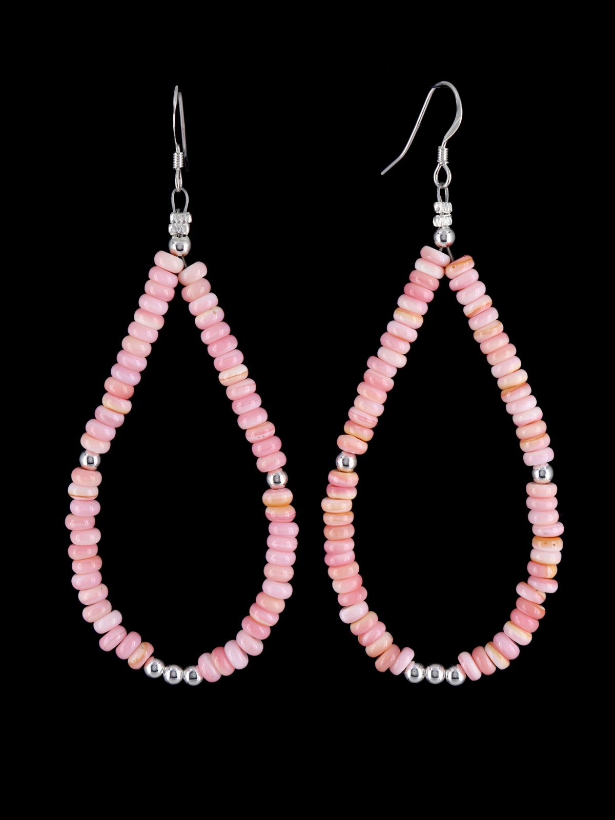 Navajo Pink Conch and Sterling Silver Bead Dangle Earrings - PuebloDirect.com