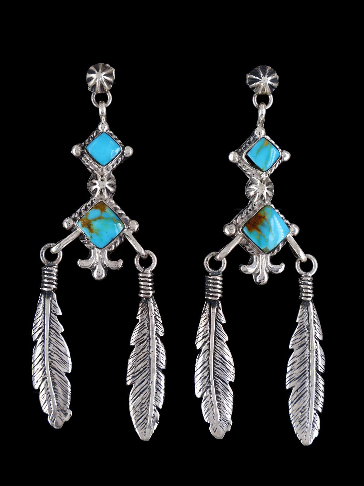 Navajo Turquoise Sterling Silver Feather Post Earrings - PuebloDirect.com