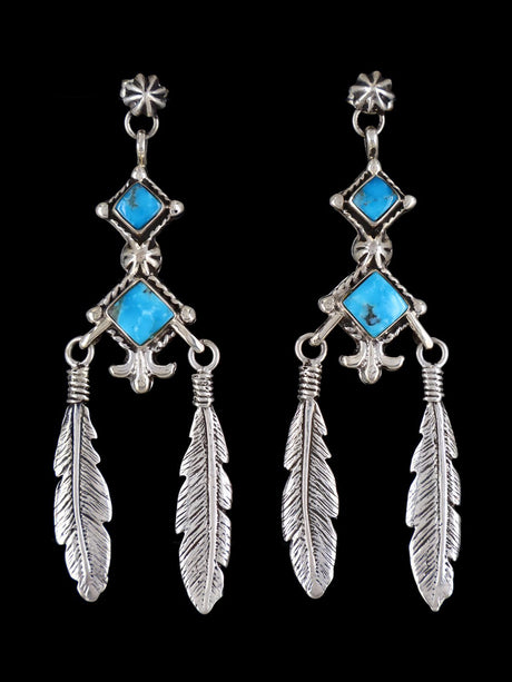 Navajo Turquoise Sterling Silver Feather Post Earrings - PuebloDirect.com