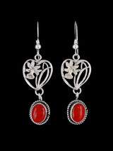 Native American Sterling Silver Coral Dangle Flower Earrings - PuebloDirect.com