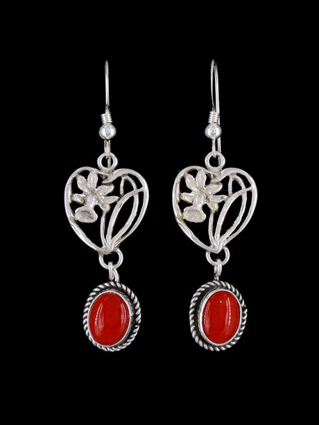 Native American Sterling Silver Coral Dangle Flower Earrings - PuebloDirect.com