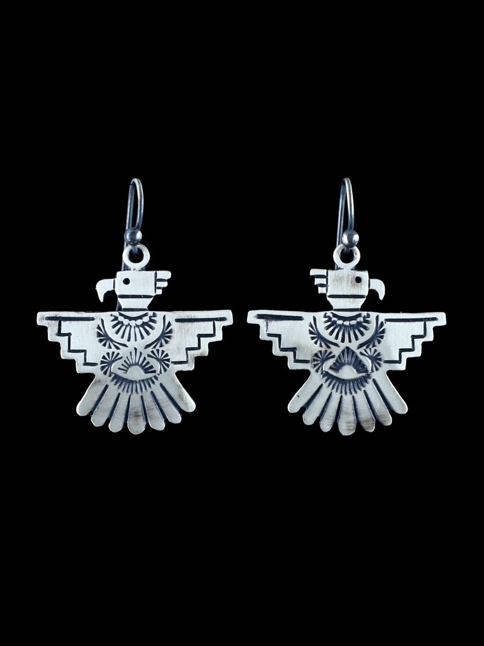 Navajo Sterling Silver Thunderbird Dangle Earrings - PuebloDirect.com