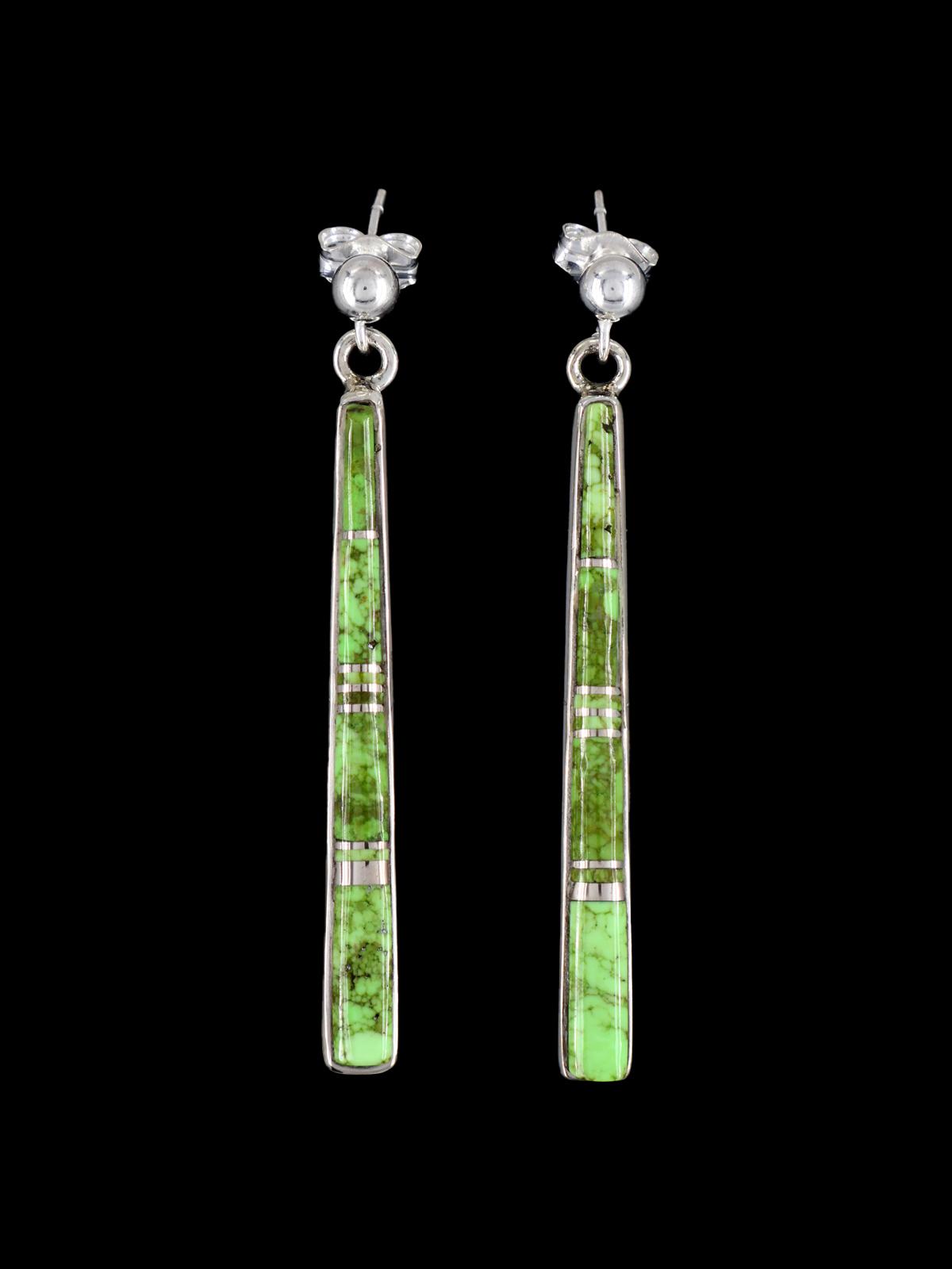 Navajo Gaspeite Sterling Silver Inlay Dangle Post Earrings - PuebloDirect.com