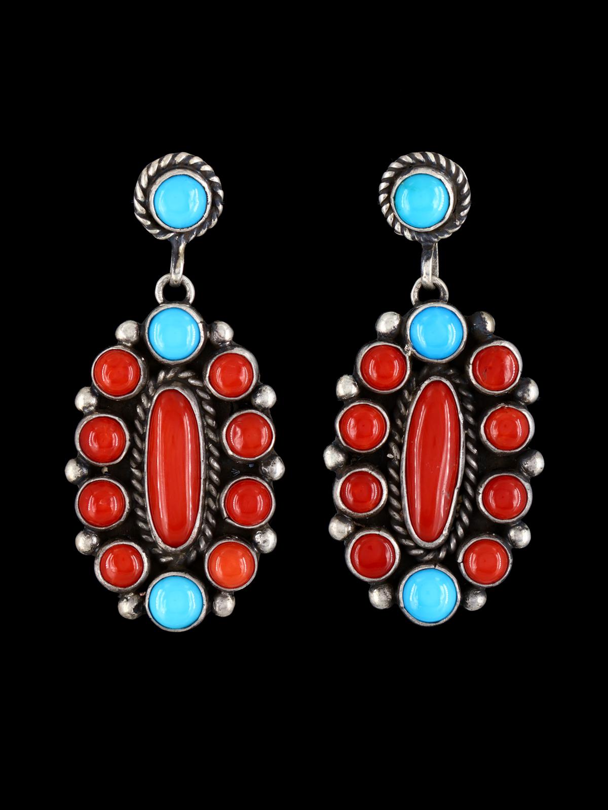 Turquoise and Natural Coral Navajo Sterling Silver Post Earrings