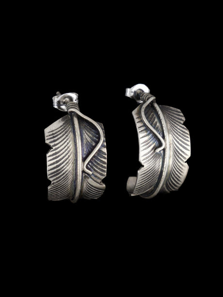 Navajo Sterling Silver Feather Hoop Earrings - PuebloDirect.com