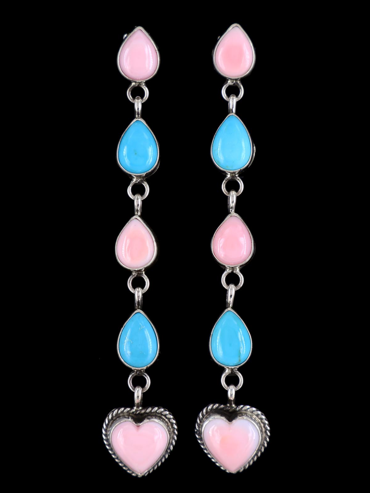 Navajo Turquoise and Pink Conch Heart Post Earrings