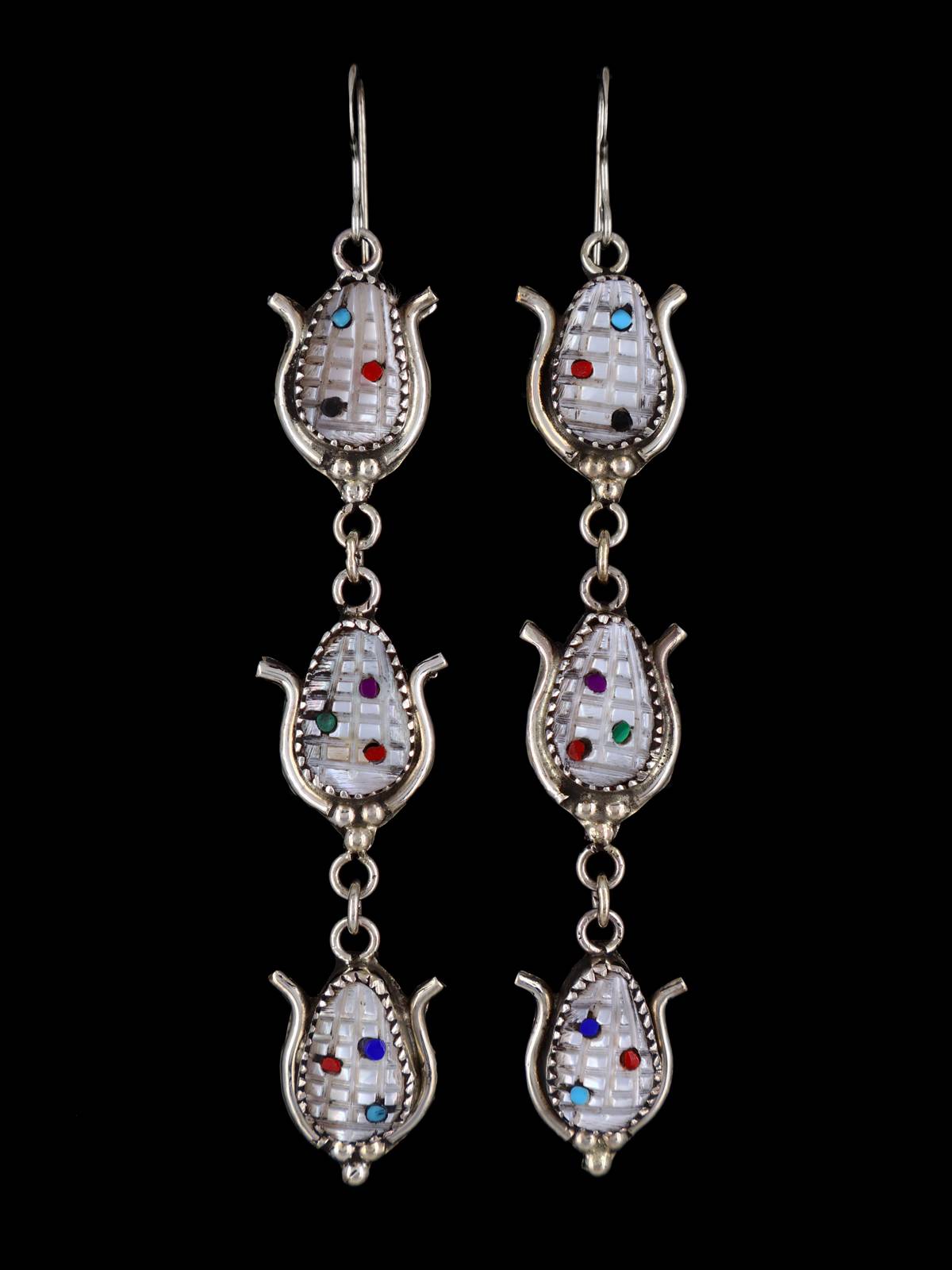 Native American Jewelry Zuni Mother of Pearl Corn Dangle Earrings