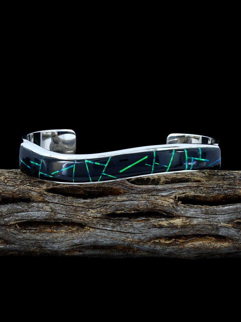 Navajo Sterling Silver Black Jade and Opalite Inlay Bracelet - PuebloDirect.com