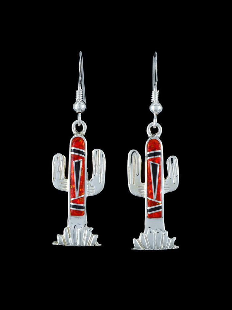 Native American Inlay Cactus Red Opalite Earrings - PuebloDirect.com