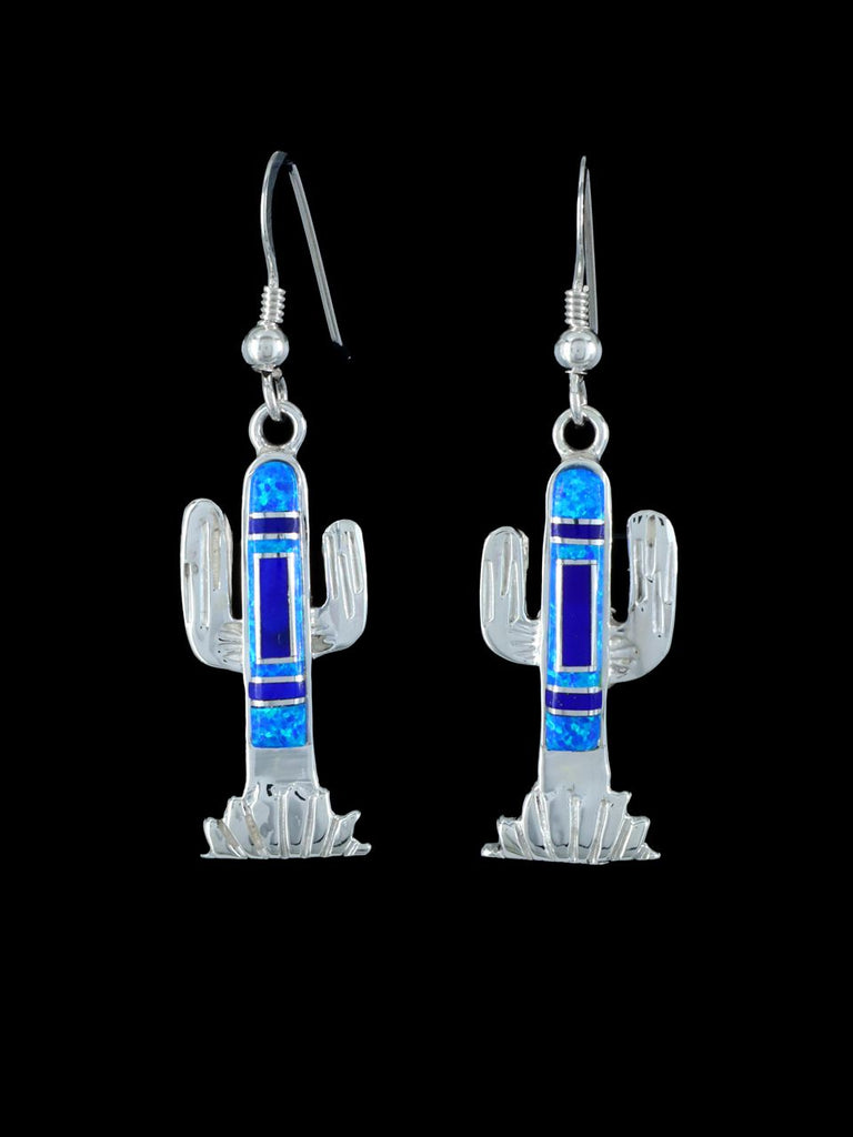 Native American Inlay Cactus Lapis and Opalite Earrings - PuebloDirect.com