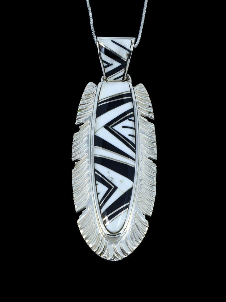 Native American White Buffalo and Black Jade Inlay Feather Pendant - PuebloDirect.com