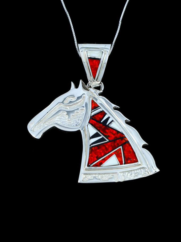 Native American Red Opalite Inlay Horse Head Pendant - PuebloDirect.com