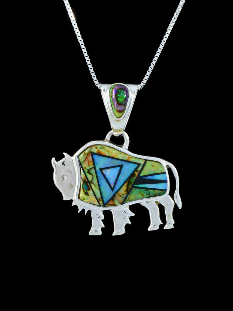 Native American Monarch Opal and Opalite Inlay Bison Pendant - PuebloDirect.com