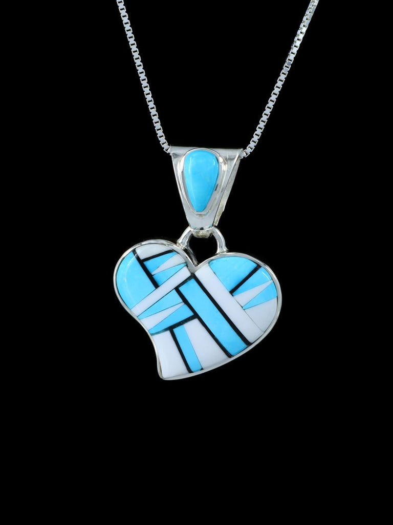 Native American Turquoise and White Shell Inlay Heart Pendant - PuebloDirect.com