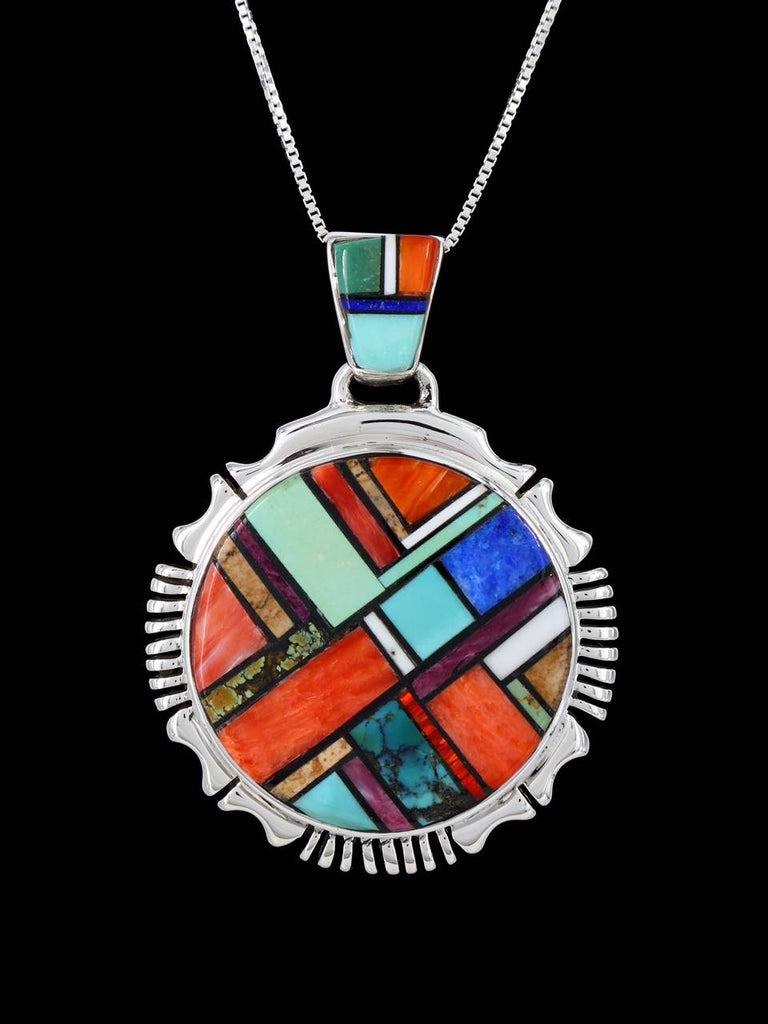 Navajo Inlay Turquoise and Spiny Oyster Sterling Silver Pendant - PuebloDirect.com