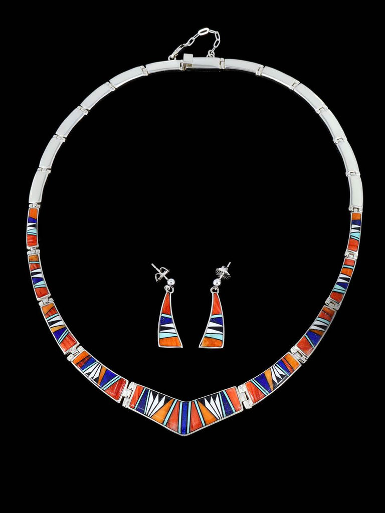 Navajo Multistone Inlay Sterling Silver Link Necklace Set - PuebloDirect.com