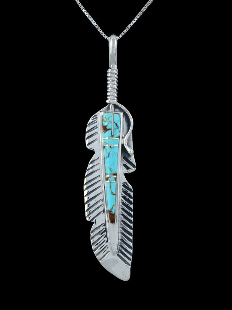 Navajo Inlay Turquoise Feather Pendant - PuebloDirect.com