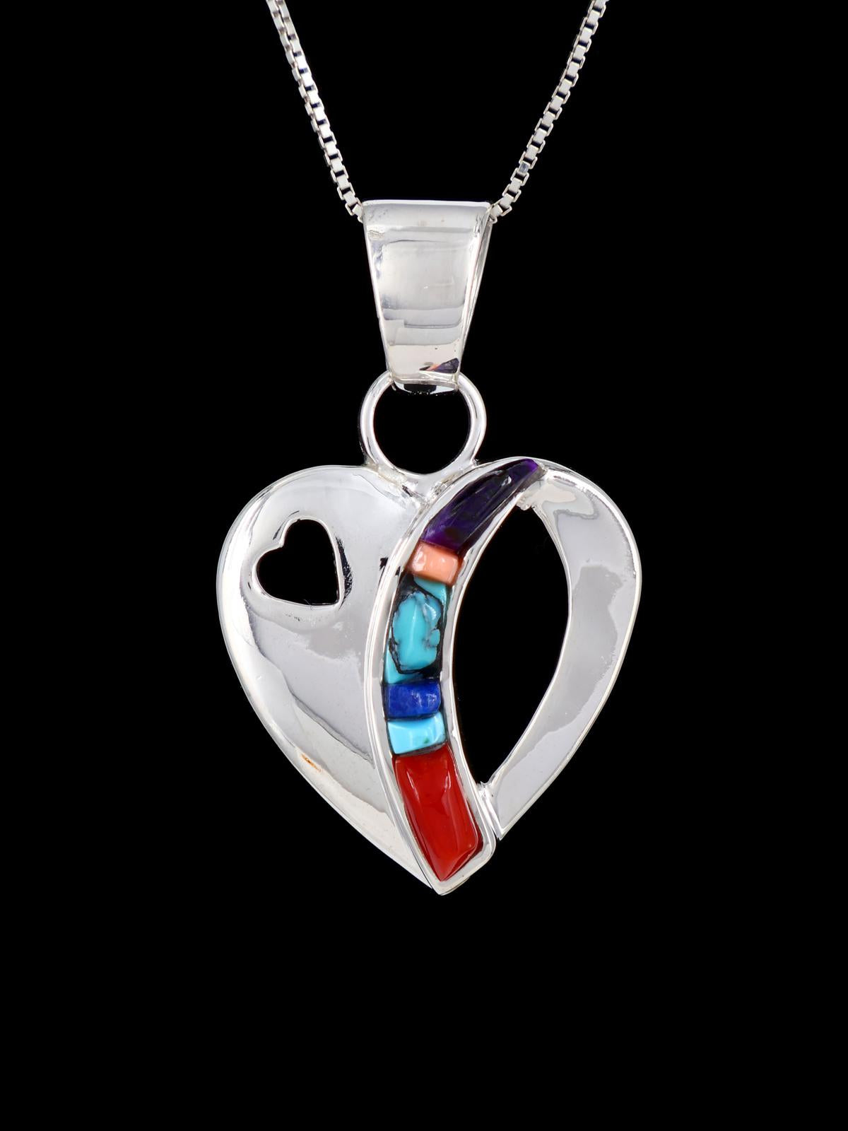 Native American Sterling Silver Cobblestone Inlay Heart Pendant - PuebloDirect.com