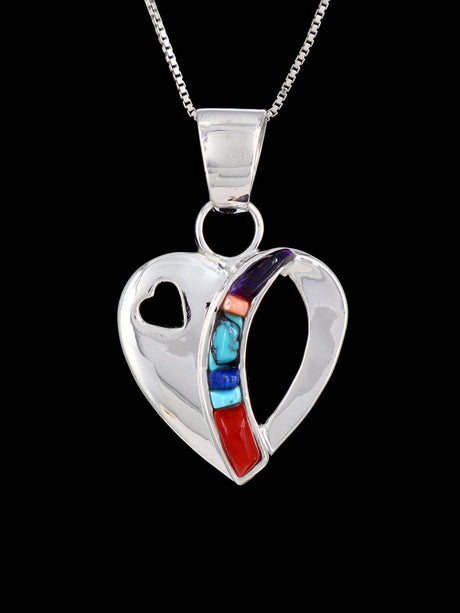 Native American Sterling Silver Cobblestone Inlay Heart Pendant - PuebloDirect.com