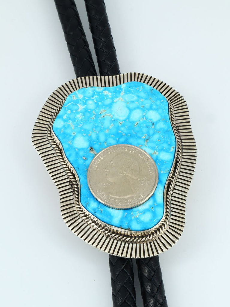 Large Sterling Silver and Kingman Turquoise Overlay Bolo Tie - PuebloDirect.com