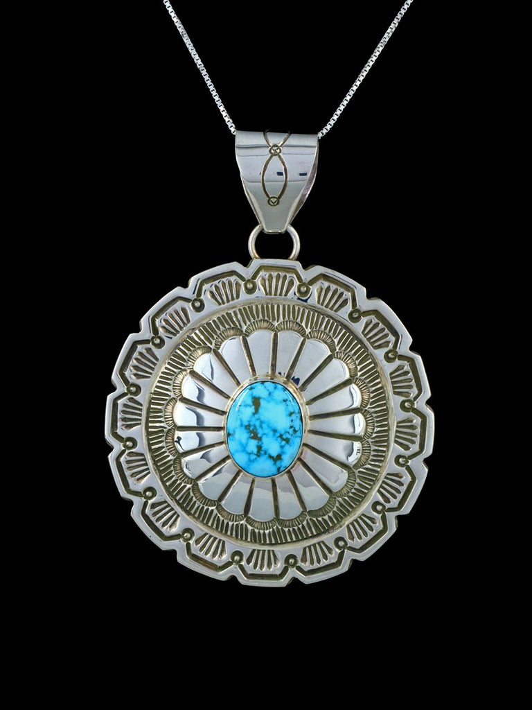 Sterling Silver Navajo Stamped Turquoise Pendant - PuebloDirect.com