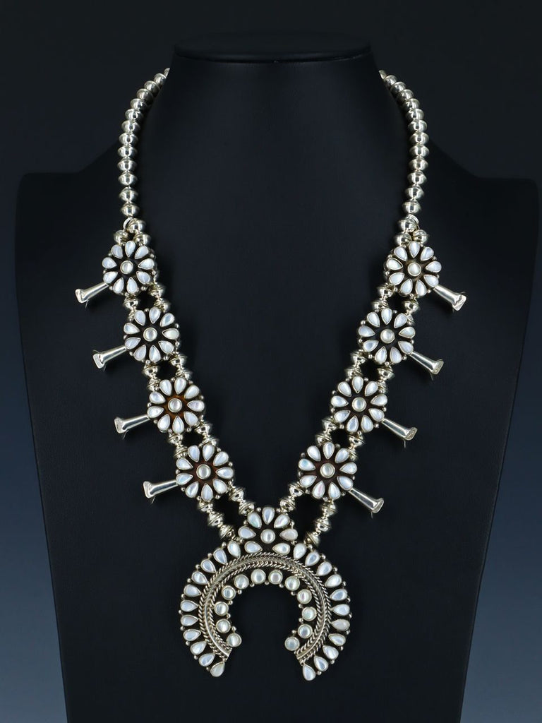 Native American Mother of Pearl Squash Blossom Necklace and Earrings Set - PuebloDirect.com