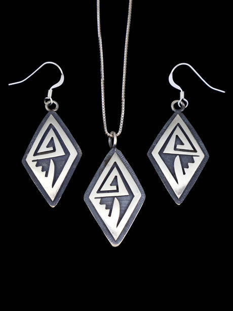 Native American Sterling Silver Hopi Overlay Pendant and Earring Set - PuebloDirect.com