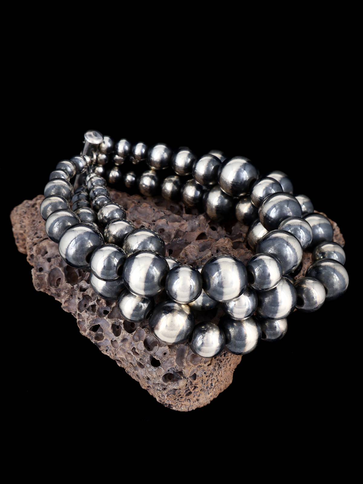 Navajo Sterling Silver Three Strand Beaded Bracelet - PuebloDirect.com