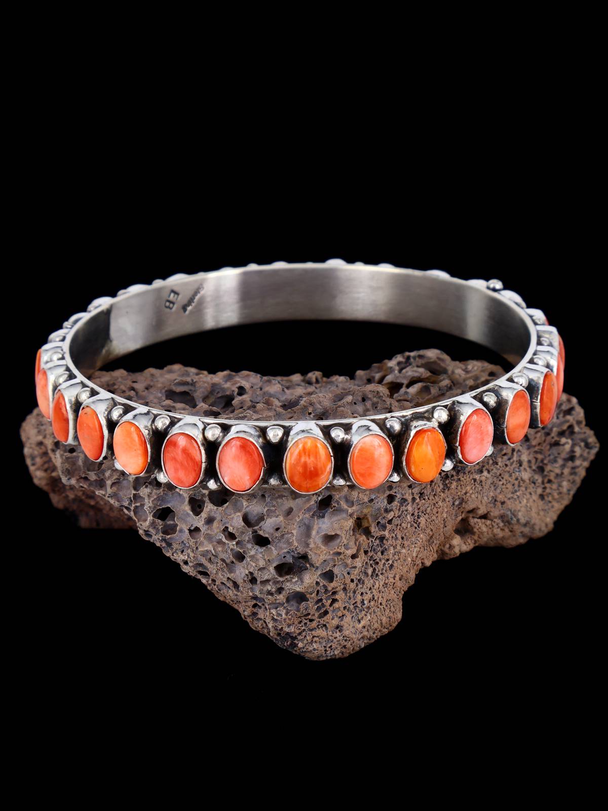 Native American Sterling Silver Spiny Oyster Bangle Bracelet - PuebloDirect.com