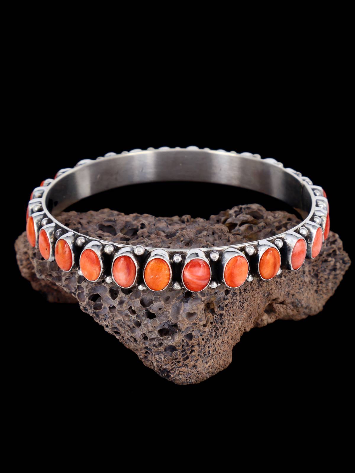 Native American Sterling Silver Spiny Oyster Bangle Bracelet - PuebloDirect.com