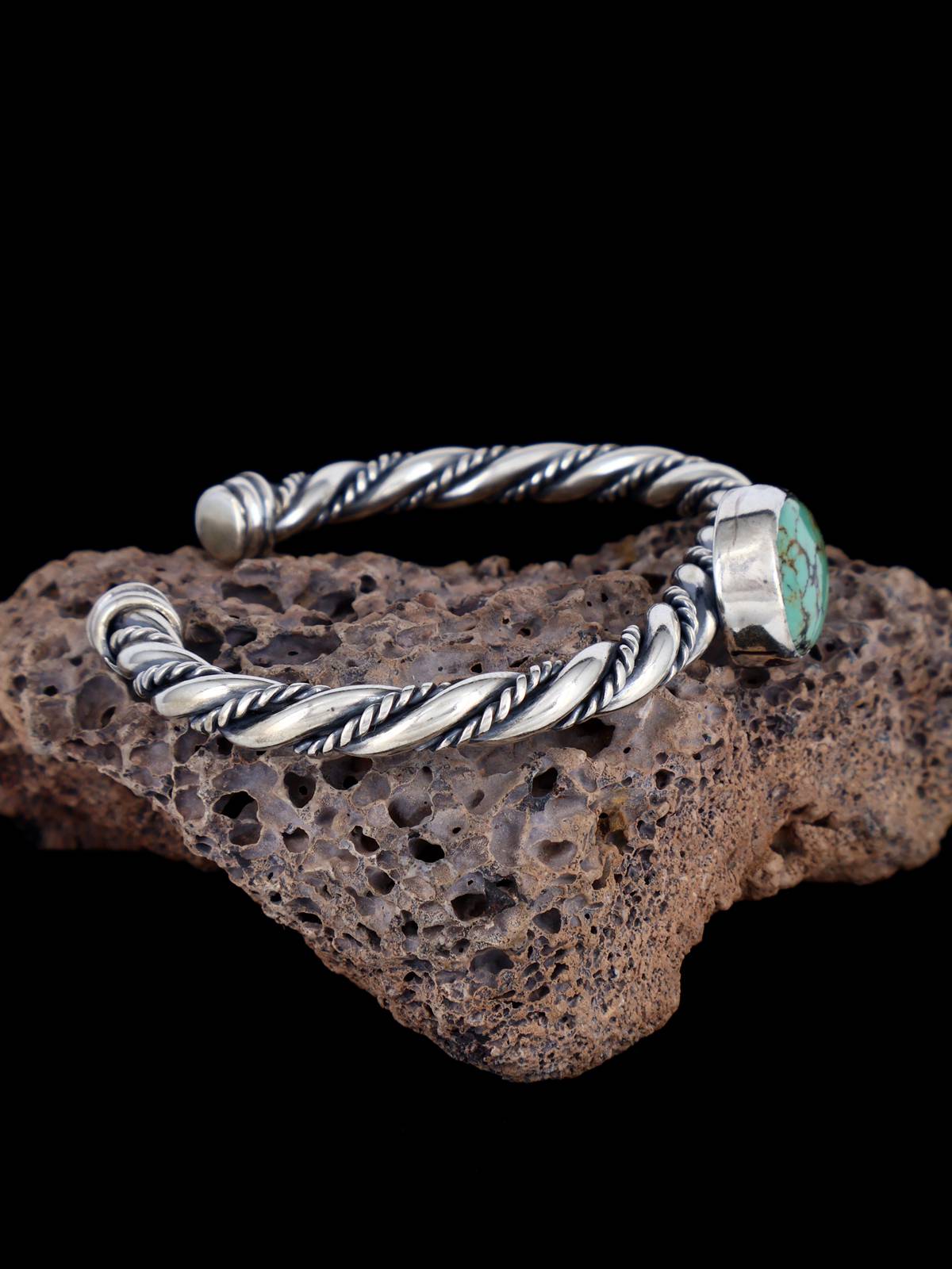 Navajo Turquoise Twisted Sterling Silver Cuff Bracelet - PuebloDirect.com