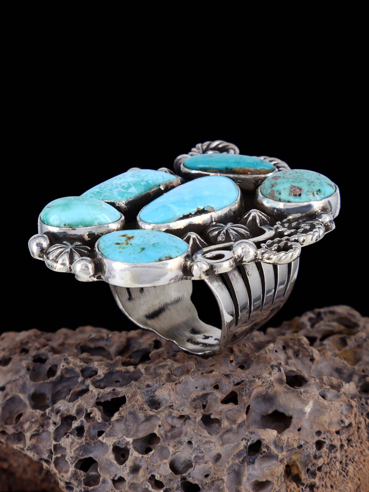 Turquoise Cluster Sterling Silver Ring, Size 6 1/2 - PuebloDirect.com