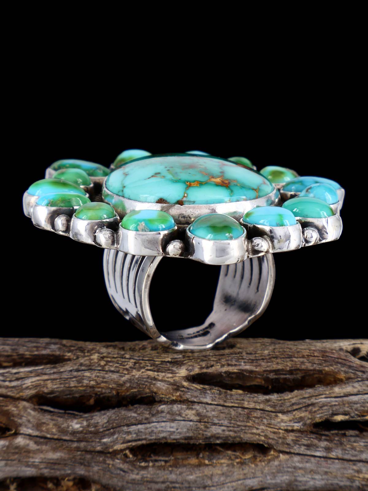 Royston and Sonoran Gold Turquoise Cluster Sterling Silver Ring, Size 7 1/2 - PuebloDirect.com