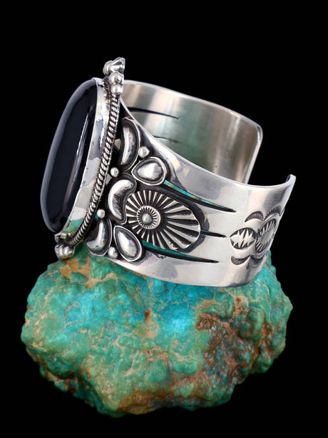 Navajo Black Onyx Sterling Silver Cuff Bracelet - PuebloDirect.com