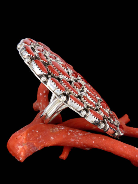 Large Natural Mediterranean Coral Sterling Silver Adjustable Ring Size 8+ - PuebloDirect.com