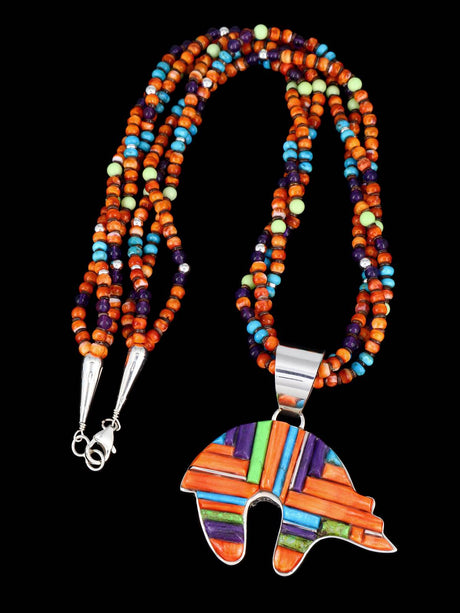Native American Multistone Inlay Bear Pendant with Beaded Necklace - PuebloDirect.com