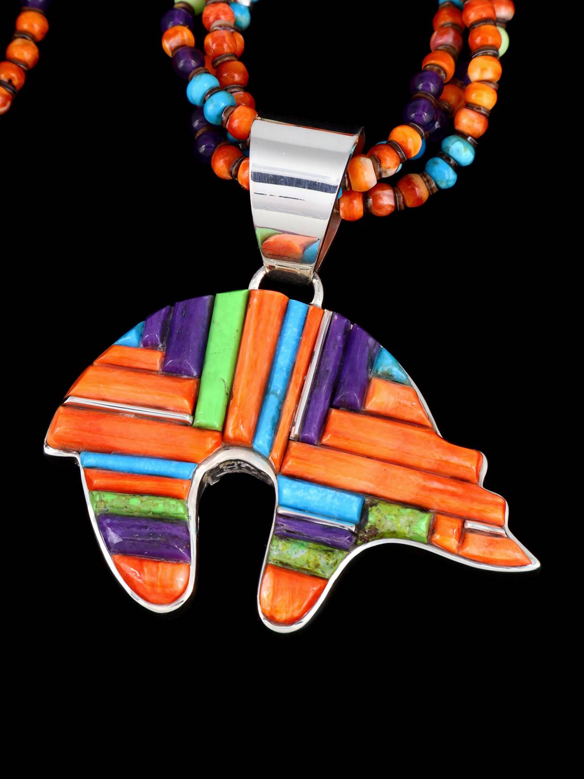 Native American Multistone Inlay Bear Pendant with Beaded Necklace - PuebloDirect.com