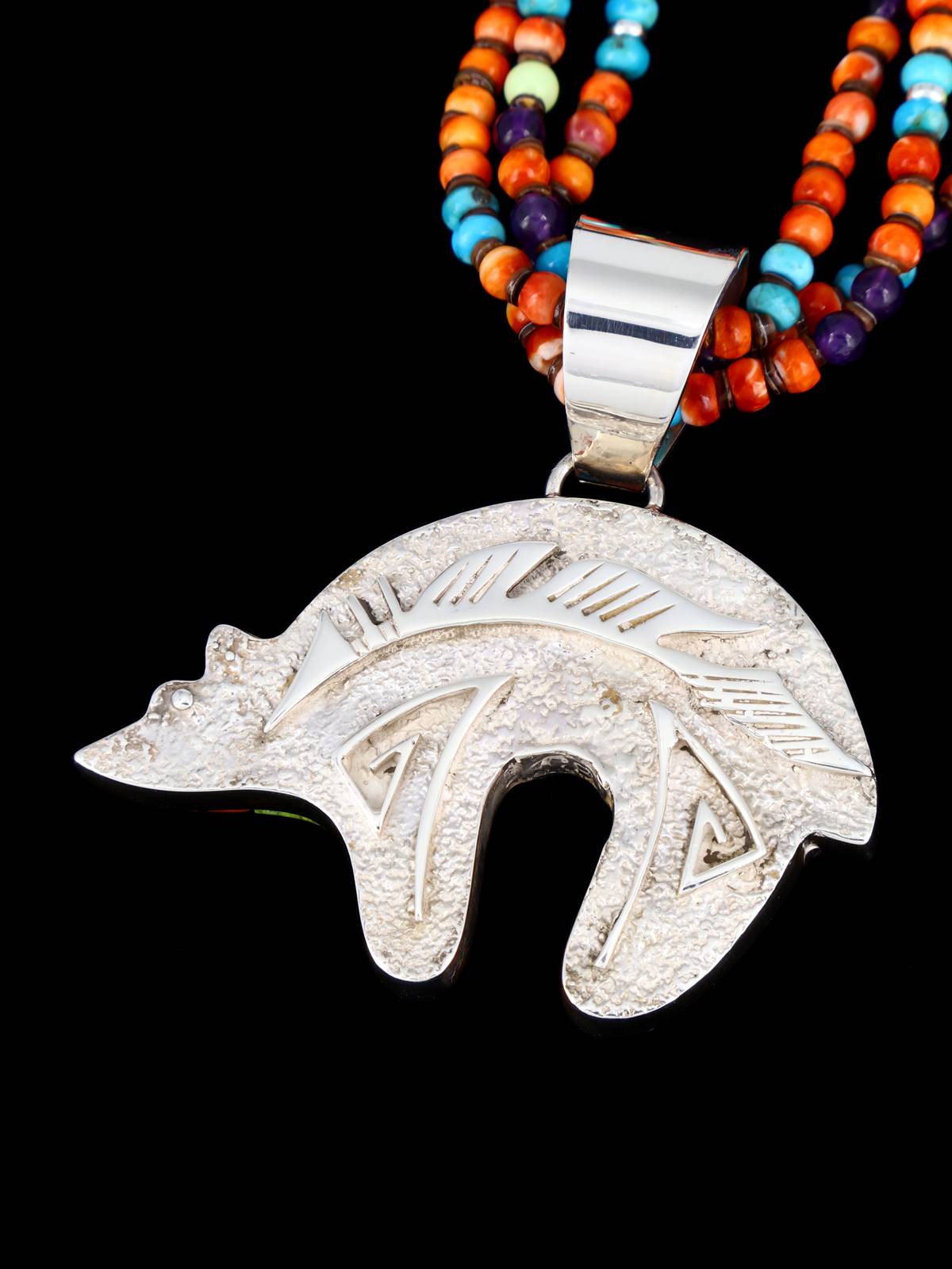 Native American Multistone Inlay Bear Pendant with Beaded Necklace - PuebloDirect.com