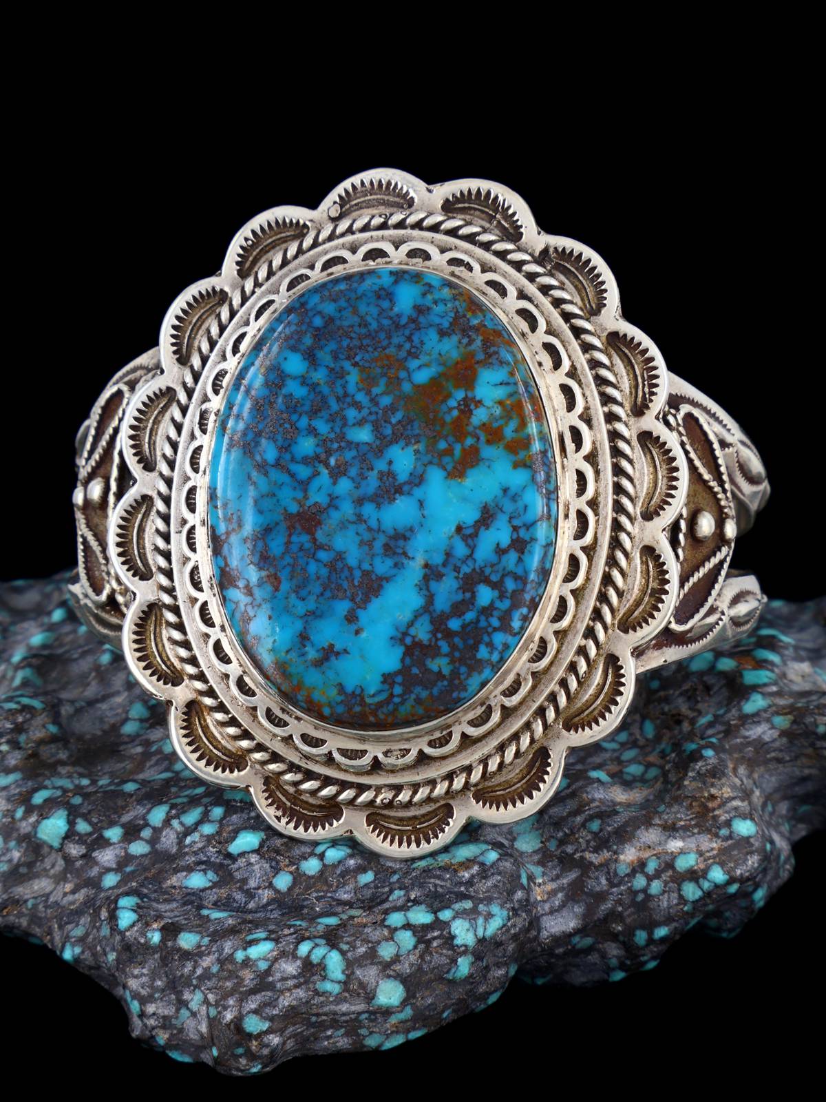 Vintage Native American Turquoise Sterling Silver Cuff Bracelet - PuebloDirect.com