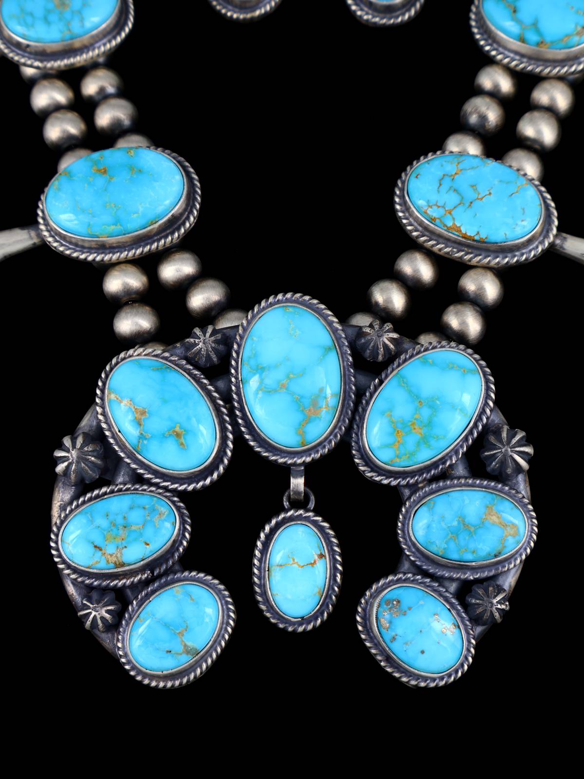 Sonoran Turquoise Sterling Silver Squash Blossom Necklace Set - PuebloDirect.com
