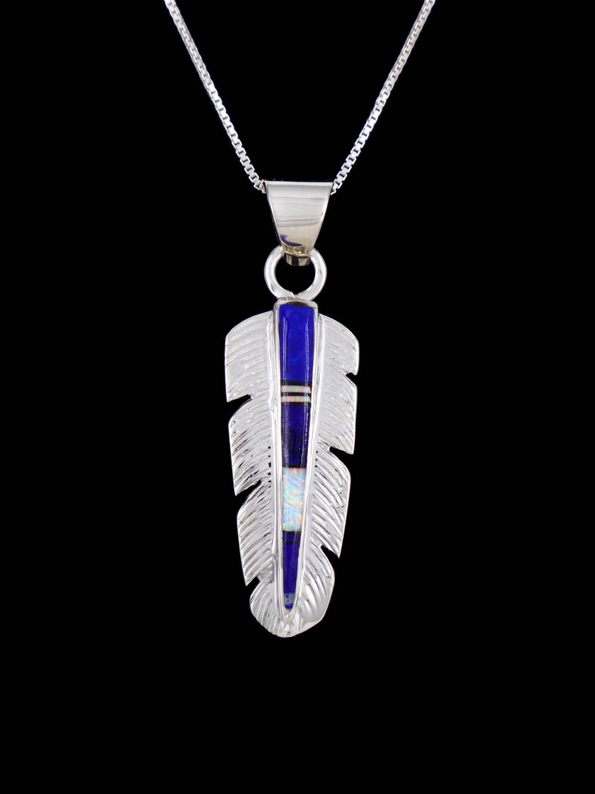 Native American Lapis and Opalite Feather Inlay Pendant - PuebloDirect.com