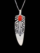 Navajo Sterling Silver Coral Feather Pendant - PuebloDirect.com