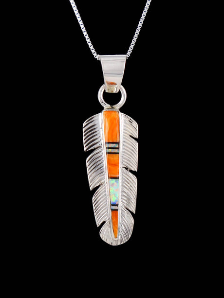 Native American Spiny Oyster Feather Inlay Pendant - PuebloDirect.com
